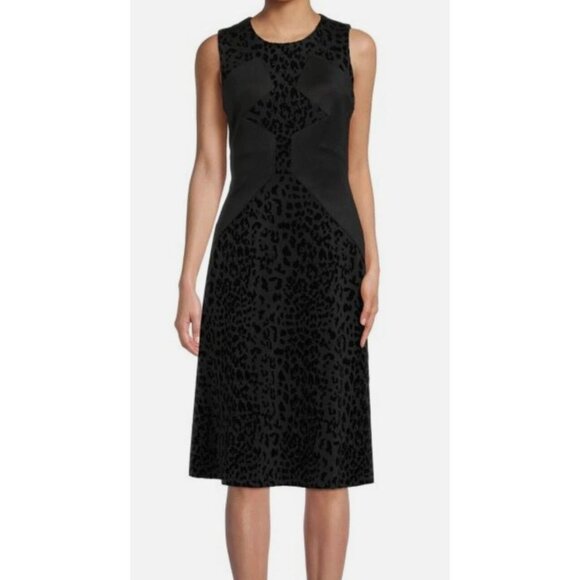 Karl Lagerfeld A-Line Dress Sz 16 Black Leopard Prt Scuba Cocktail Modern Artsy - Picture 1 of 12